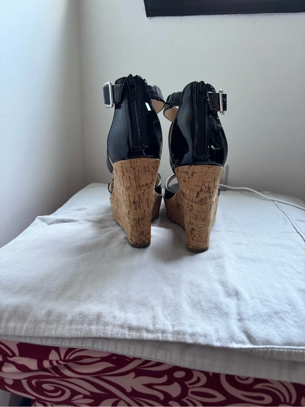 Material Girl Black Patent Cork Platform Wedge Sandals